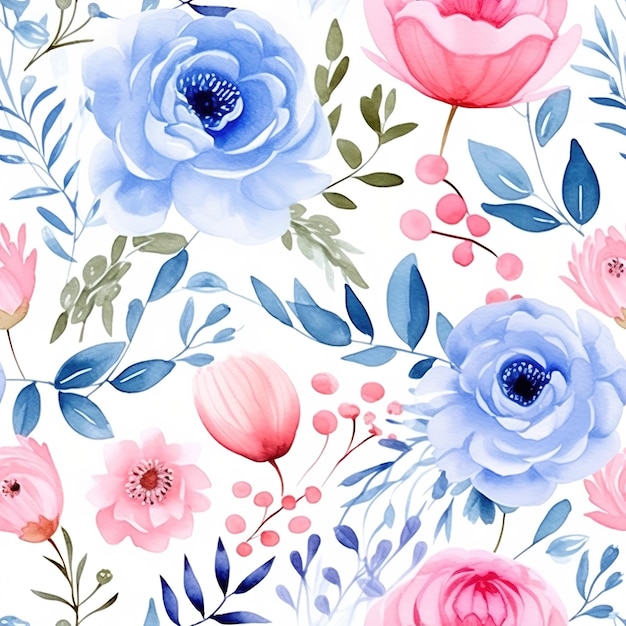 a floral pattern with pink blue and pink flowers