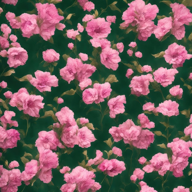 A floral pattern with pink flowers on a green background.