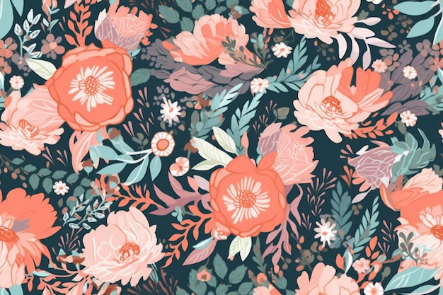 Floral Pattern With Pink Flowers and Green Leaves