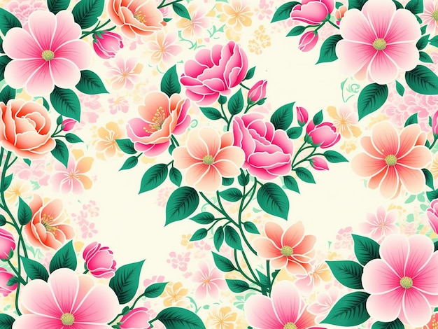 A floral pattern with pink flowers and green leaves.