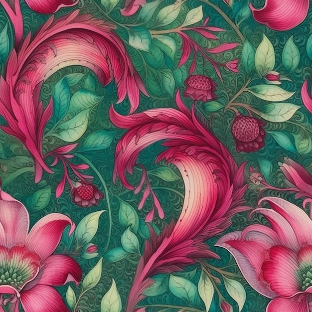 A floral pattern with pink flowers and green leaves