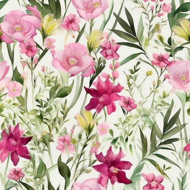 A floral pattern with pink flowers and green leaves.