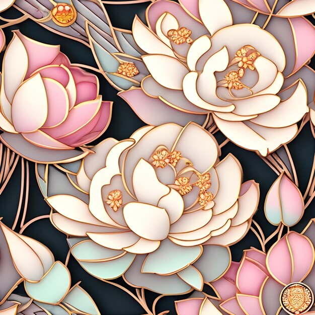 A floral pattern with pink and gold flowers and a gold flower.