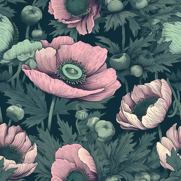 Цветочный узор с розовыми и зелеными цветами и зелеными листьями.