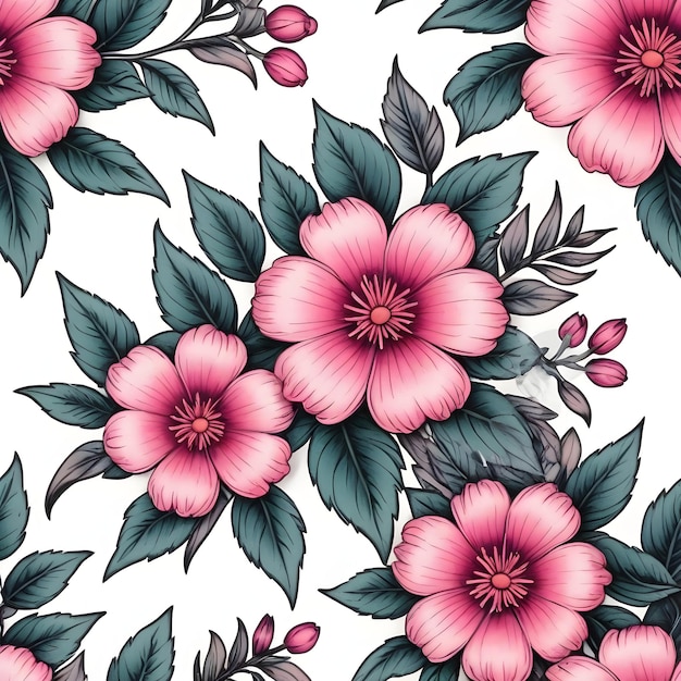 a floral pattern with pink and green leaves and green leaves