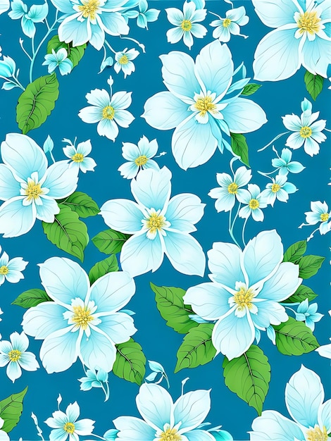 A floral pattern with pink red green and white flowers on a dark blue background