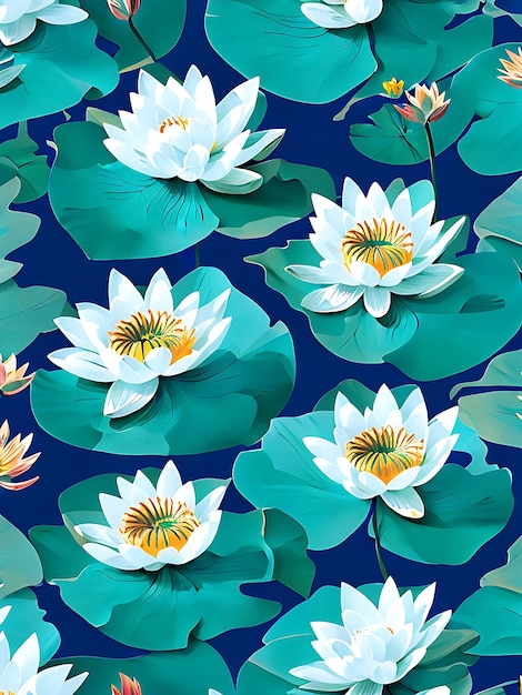 A floral pattern with pink red green and white flowers on a dark blue background