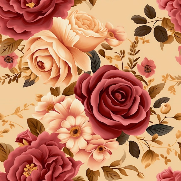 a floral pattern with pink roses and gold leaves.