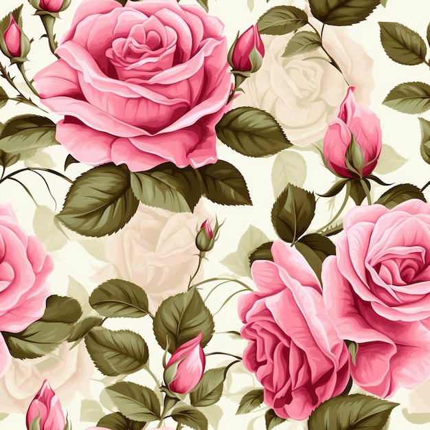 a floral pattern with pink roses and green leaves.