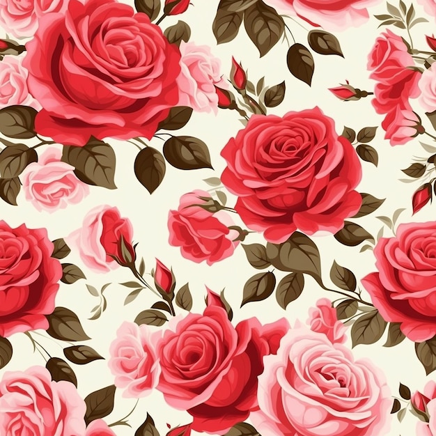 a floral pattern with pink roses and green leaves.