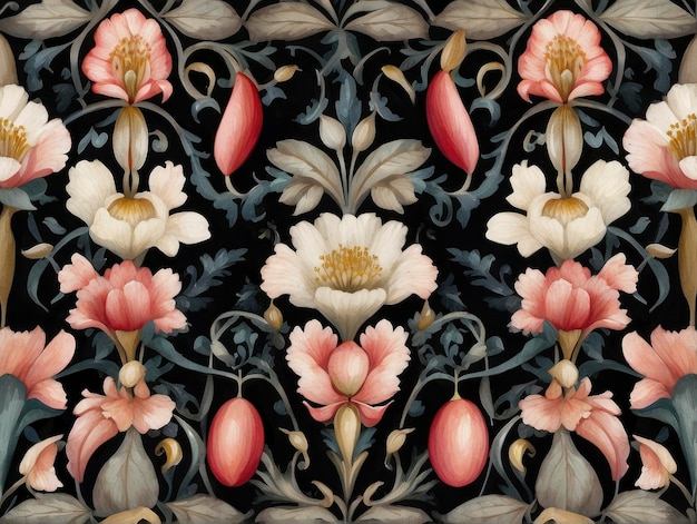 a floral pattern with pink and white flowers on a black background with a blue border