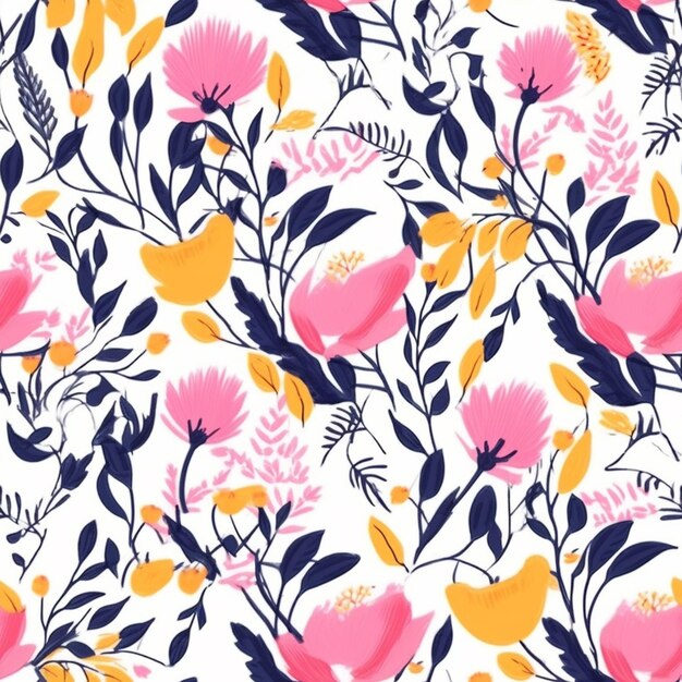 A floral pattern with pink and yellow flowers on a white background generative ai