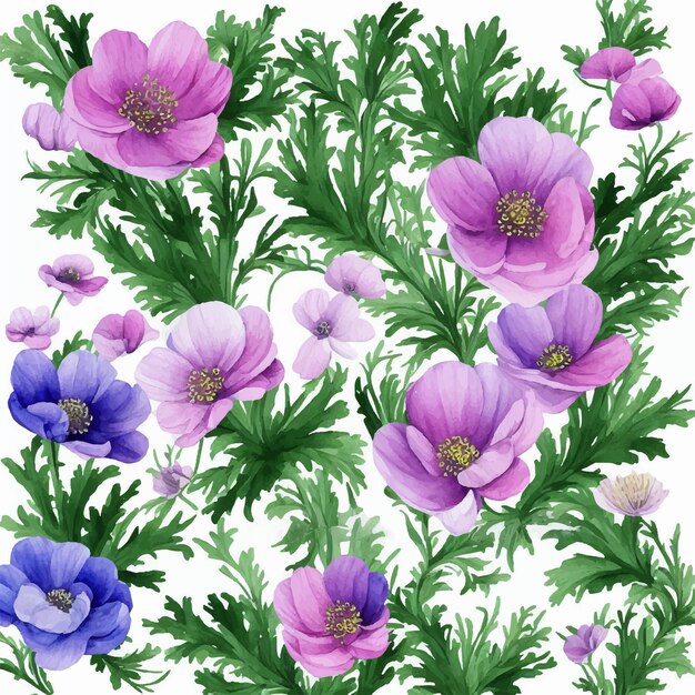 A floral pattern with purple and blue flowers on a white background