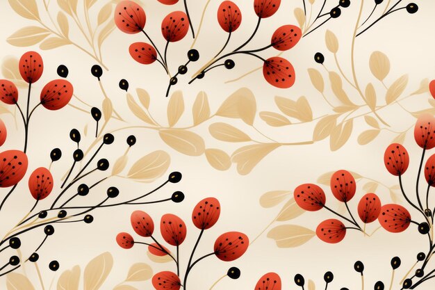 a floral pattern with red berries and leaves on a beige background