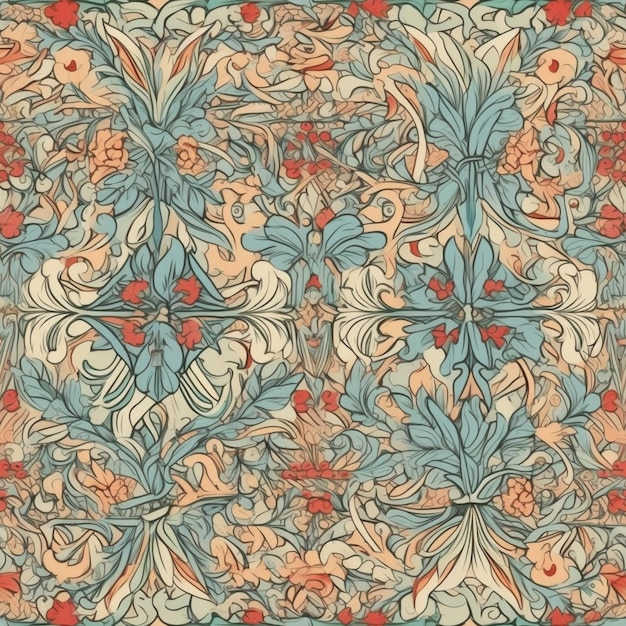 A floral pattern with a red and blue background.