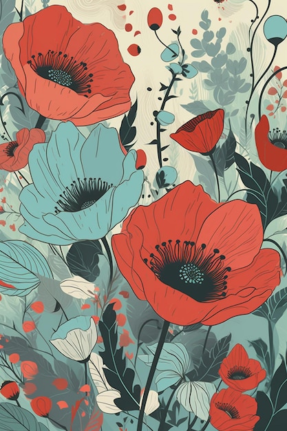 A floral pattern with red and blue flowers and green leaves.