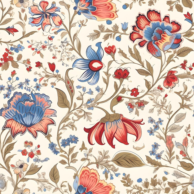 A floral pattern with red and blue flowers and leaves.