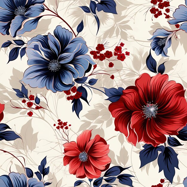 a floral pattern with red and blue flowers