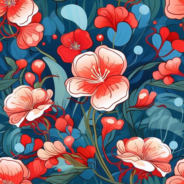 a floral pattern with red and blue flowers