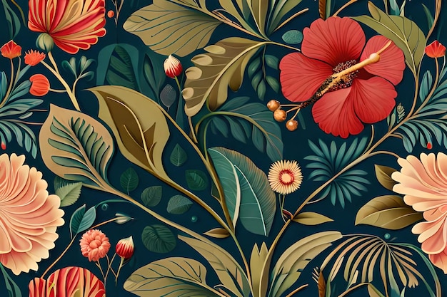 A floral pattern with a red flower and leaves on a dark blue background.