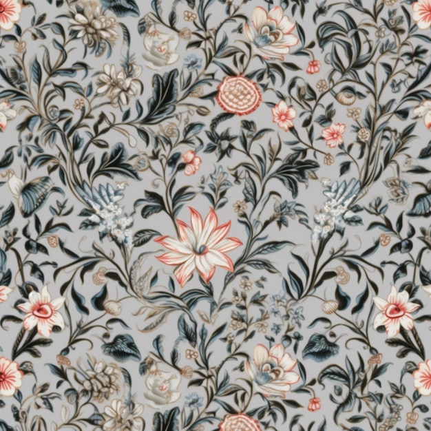 A floral pattern with a red flower on a light blue background.