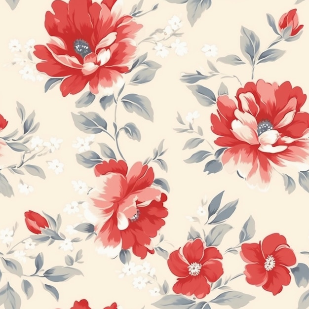 A floral pattern with red flowers on a beige background.