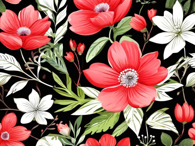 Photo a floral pattern with red flowers and green leaves