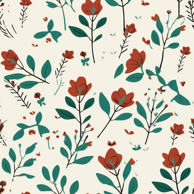 A floral pattern with red flowers and green leaves.