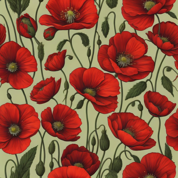 a floral pattern with red flowers and green leaves.