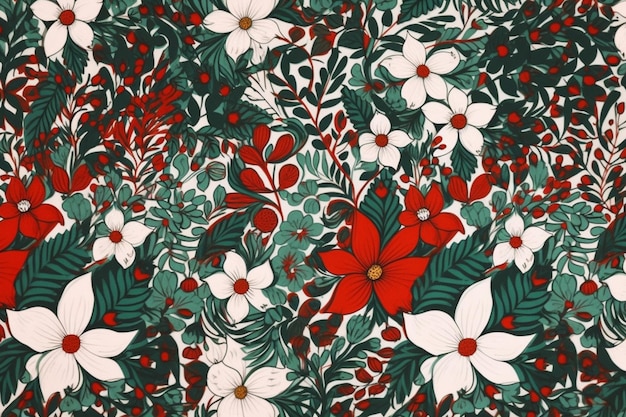 A floral pattern with red flowers and green leaves.