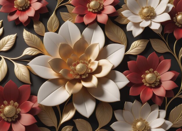 a floral pattern with red and gold flowers