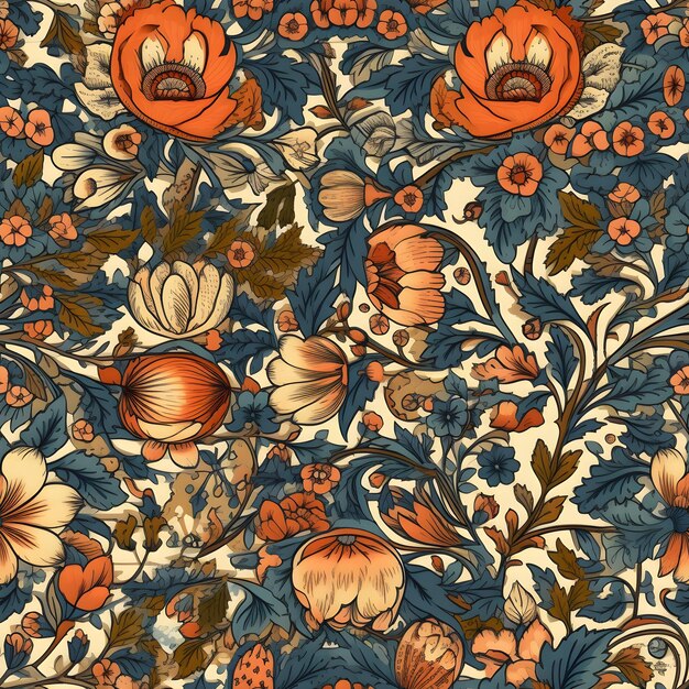 A floral pattern with red and orange flowers and leaves.