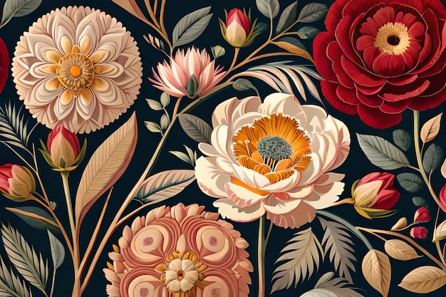 A floral pattern with a red, yellow, and white flower.