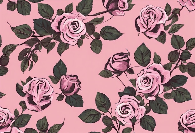 A floral pattern with roses and leaves on a pink background