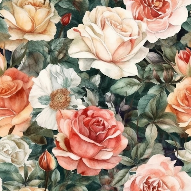 A floral pattern with roses and leaves.