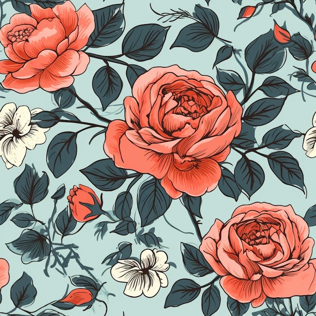 A floral pattern with roses and leaves.