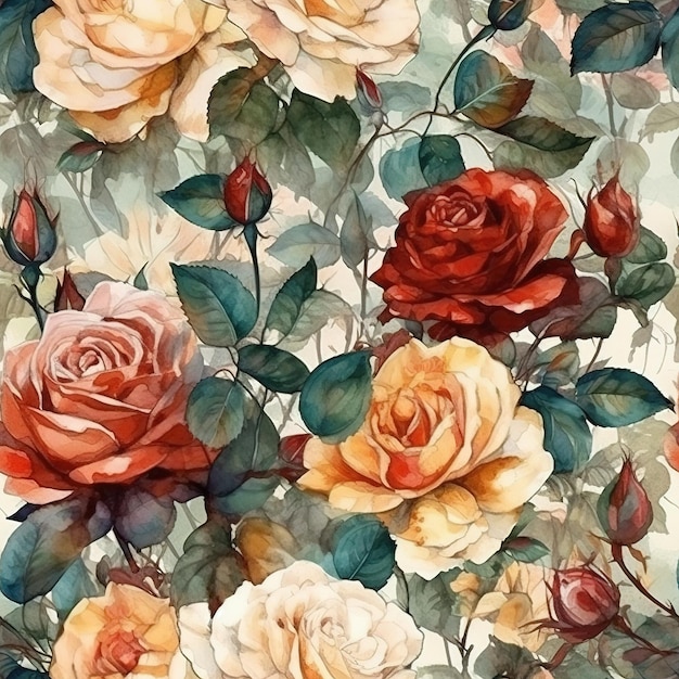 A floral pattern with roses and leaves.