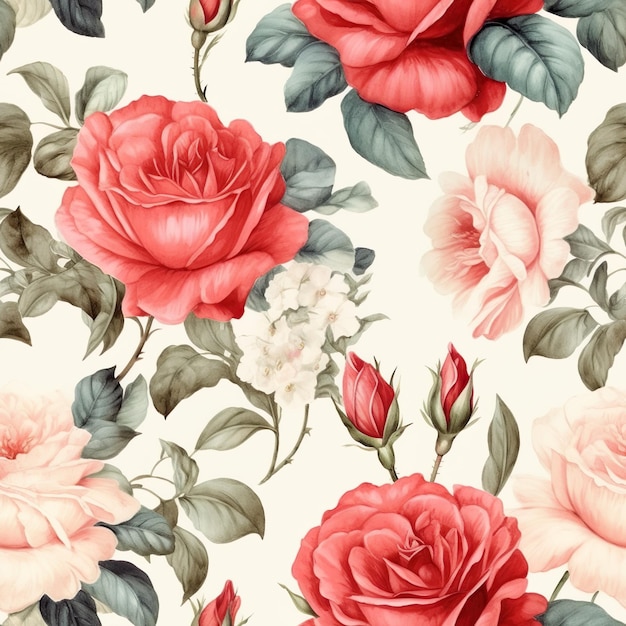 A floral pattern with roses on a white background