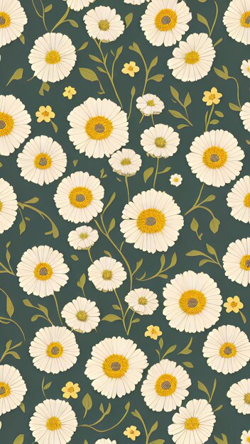 A floral pattern with white daisies and green leaves on a dark green background.