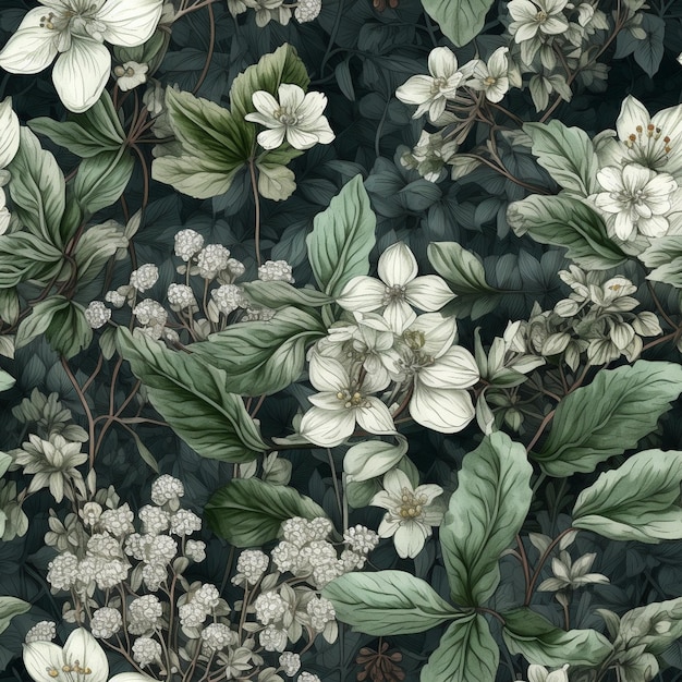 A floral pattern with white flowers and leaves