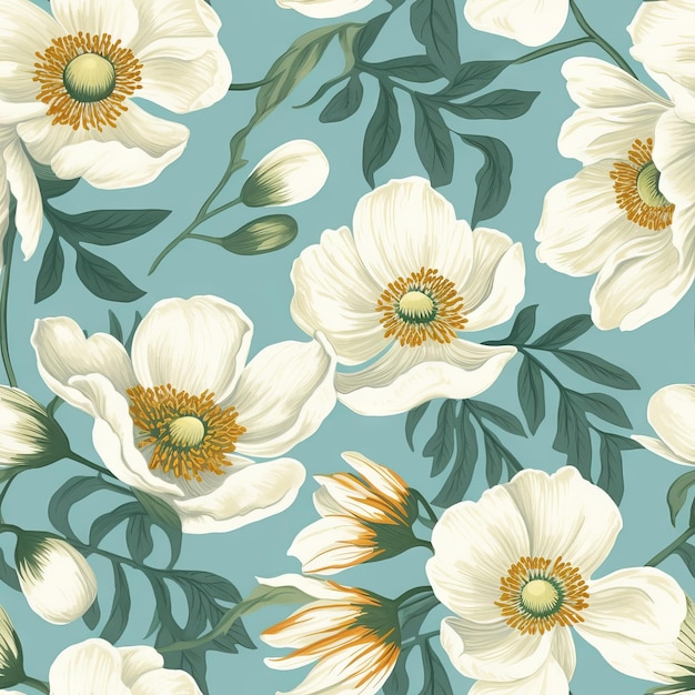 A floral pattern with white flowers and leaves.