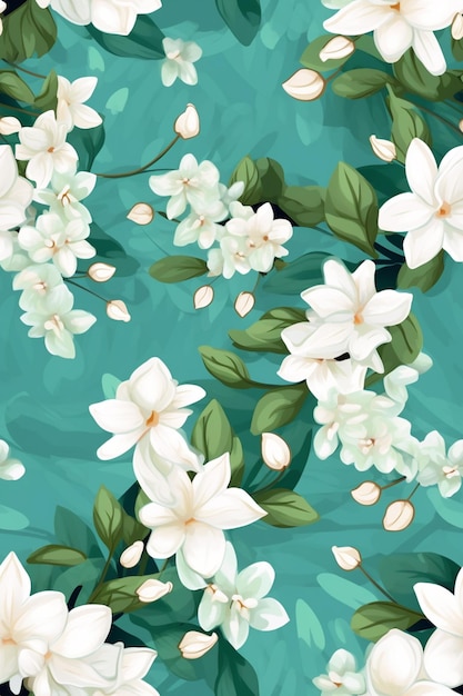A floral pattern with white flowers on a turquoise background.