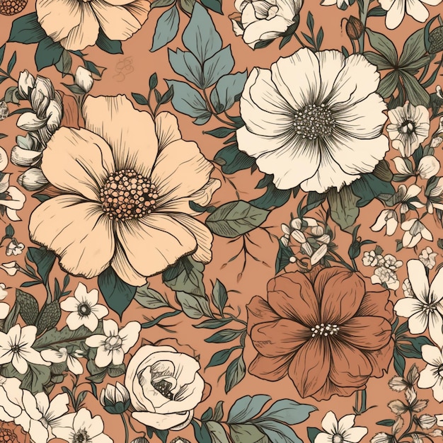 A floral pattern with white and orange flowers on a brown background.