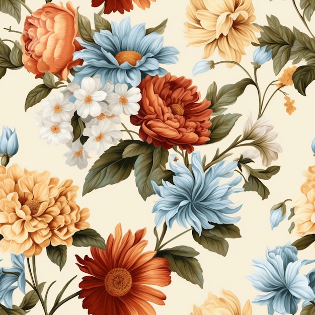 A floral pattern with a yellow background and a blue flower.