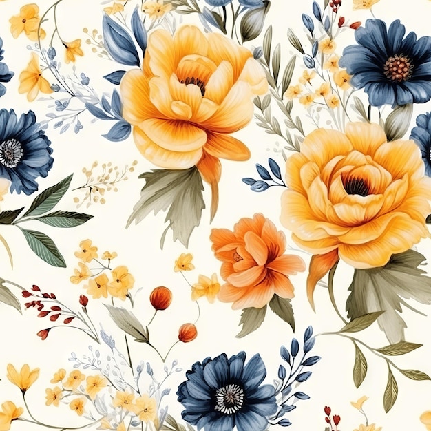 a floral pattern with yellow and blue flowers.