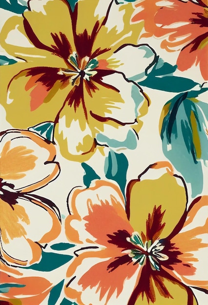 A floral pattern with yellow and orange flowers on a white background.