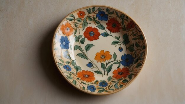 Floral patterned decorative plate on table