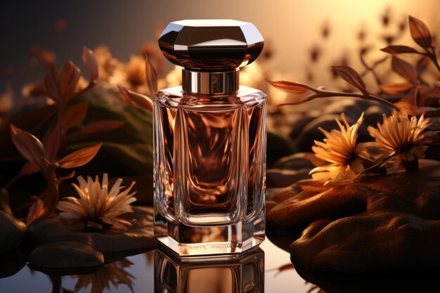 Photo floral perfume bottle modern luxury lady perfume on dark background ai generated