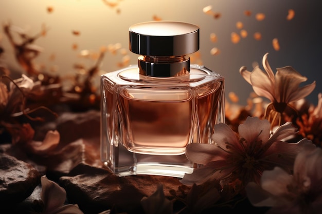 Photo floral perfume bottle modern luxury lady perfume on dark background ai generated