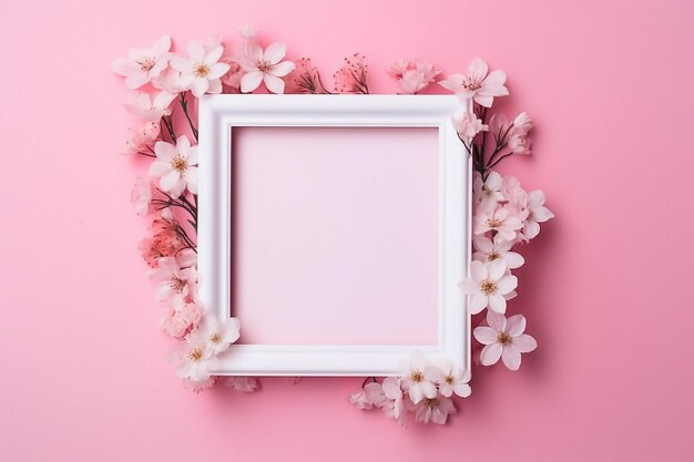 ピンクの美学的な背景に花の絵を描いた花の絵のフレーム